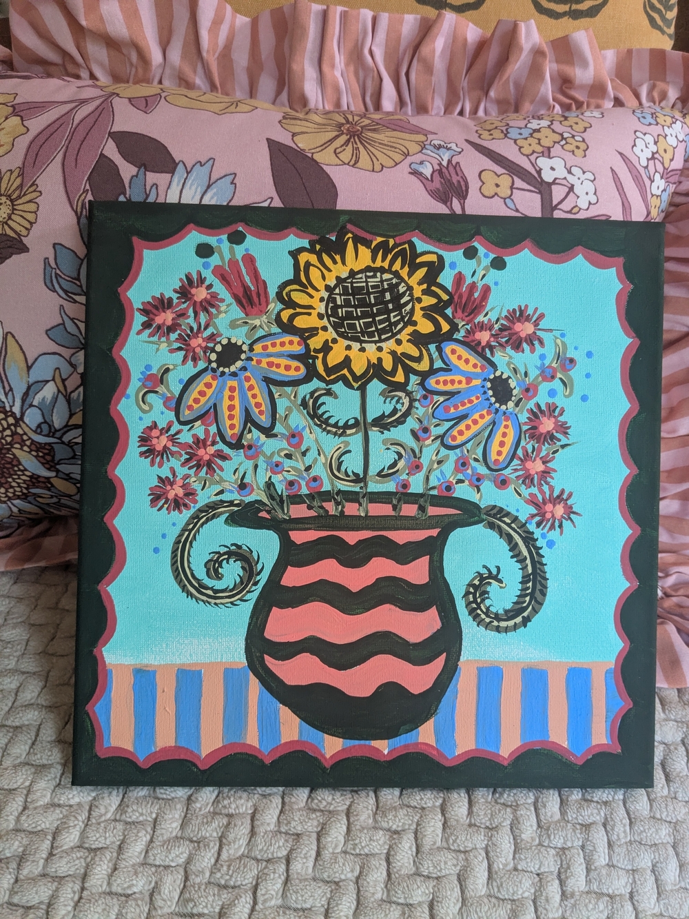 "Strange Animal" Original Hand-Painted Floral Canvas Art in Turquoise and Coral